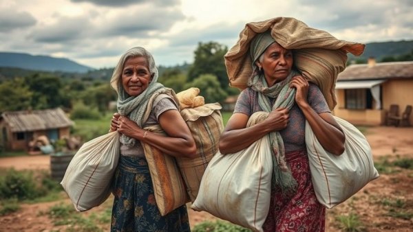 Two women in rural South Africa carry essentials, highlighting food insecurity.