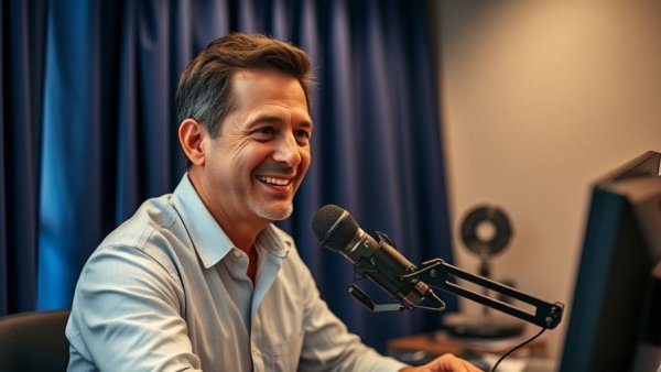 Man speaking in a studio, dynamic lighting in cozy setting.