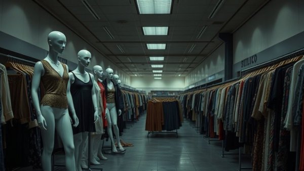 Store closing scene with mannequins and signs in an empty mall.