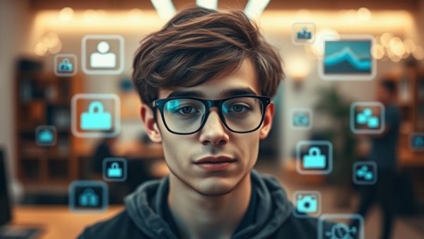 AI Native Workflows concept with man and tech icons indoors.