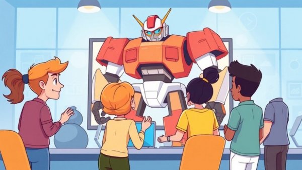 Vibrant illustration of diverse team with AI robot in modern workspace.