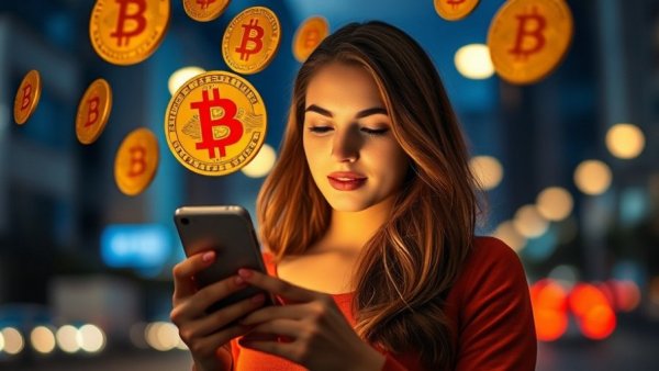 Woman interacts with Bitcoin symbols on phone amid city lights, South Africa crypto regulations.