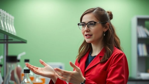 Young woman in red lab coat explaining indoor snow creation with liquid nitrogen.