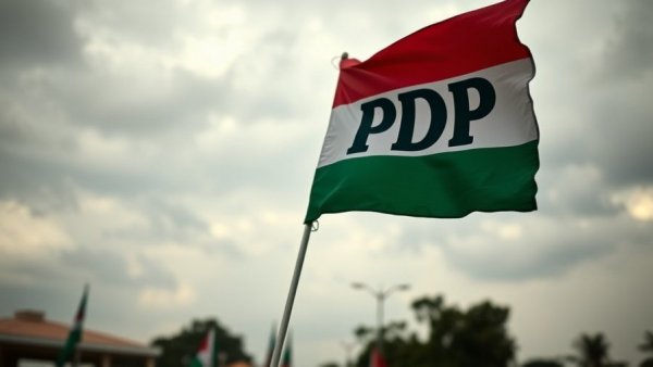 PDP flag symbolizing leadership crisis in Nigeria, overcast sky.