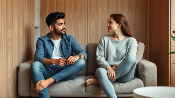 Contemplative pair discussing real estate investment strategies in small apartments.