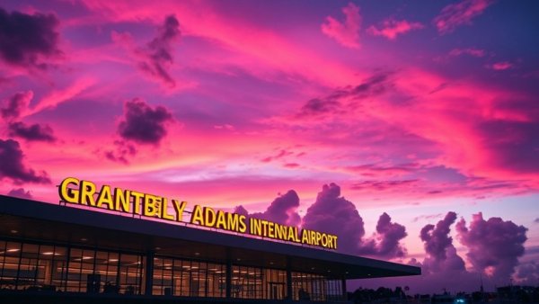 Illuminated Grantley Adams International Airport sign at dusk.