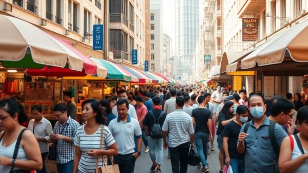 Bustling urban market with PoS kiosks and crowd activity.