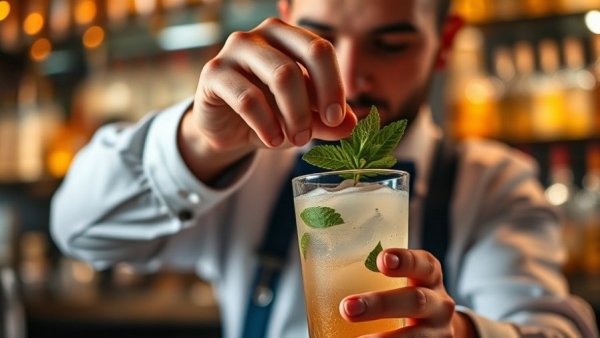 Bartender garnishing cocktail at Cape Town Cocktail Week, vibrant scene.