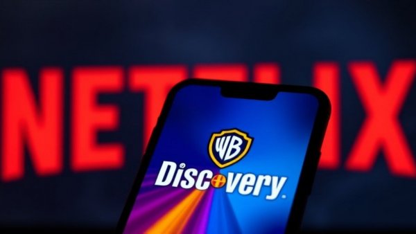 Warner Bros. Discovery on phone screen in front of Netflix logo, highlighting acquisition context.
