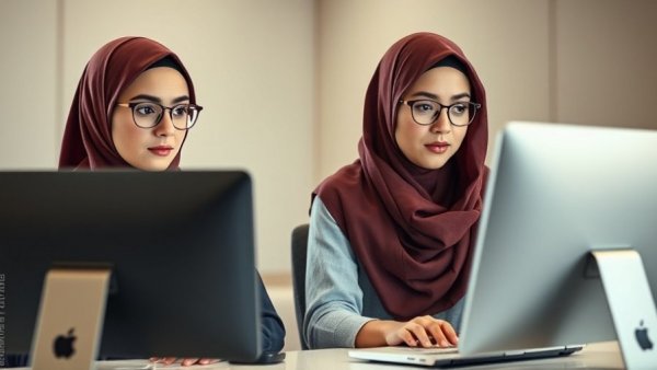 Women facing digital gender-based violence, using computers, awareness.