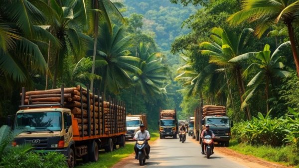 Ogun Communities Forest Restoration: Trucks and motorcycles in lush rainforest.