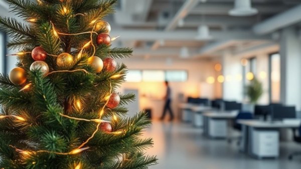 Minimalistic Christmas tree with string lights in office, Kindness Boosts E-Commerce in Africa.