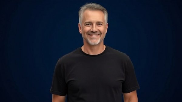 Man in black t-shirt smiling calmly in a studio, simulating human cells with AI.