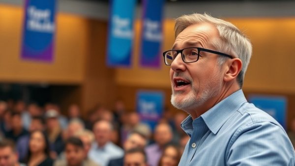 Confident speaker discussing fathers against gender-based violence at a conference.