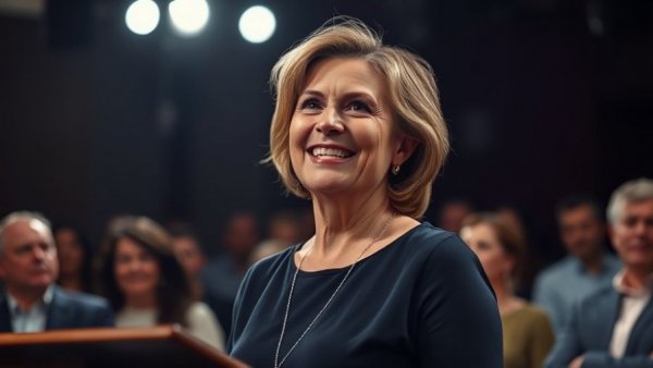Middle-aged woman smiling as she delivers a speech, emphasizing billionaires' societal contributions.