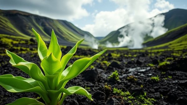 Sustainable Agriculture in Iceland: Banana plantain with geothermal steam background.