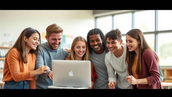 Students collaborating on AI in education project with laptop in classroom.