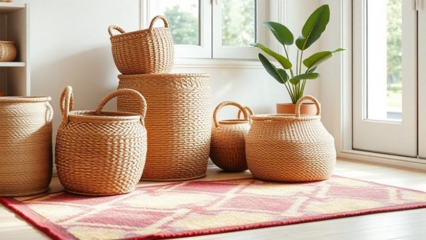 Stylish storage bins in a cozy room with colorful decor.