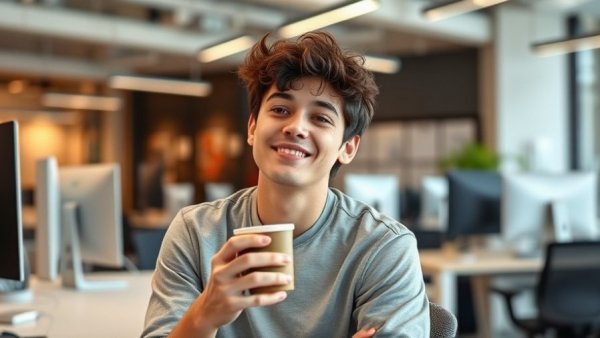Young person in a modern office holding coffee, relaxed expression.