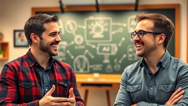 AI policy and governance discussion, two men indoors with chalkboard sketches.