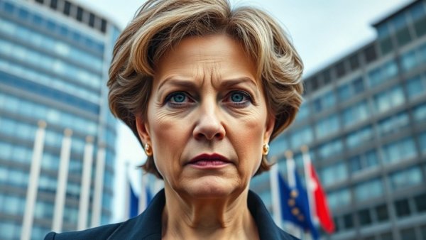 EU's corruption buster with European Union buildings in background.