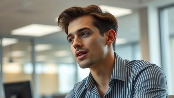 Casual young man speaking during a podcast in an office, Mistral 3 vs DeepSeek-V3.2 discussion.