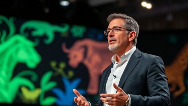 Speaker discussing AI devices for wildlife conservation at TEDx event.