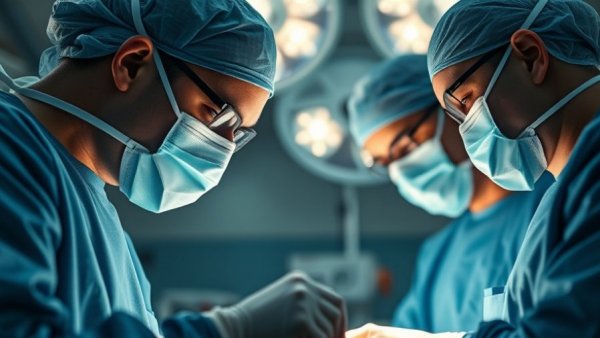 Surgeons focused on procedure under bright lights; anesthesia in surgery.