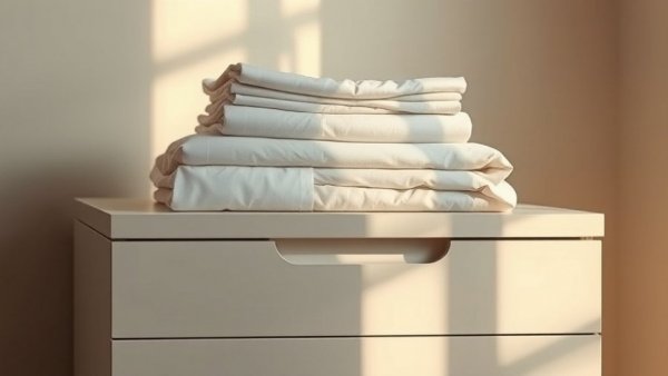 Neatly folded stack of sheets under warm light on a storage unit.
