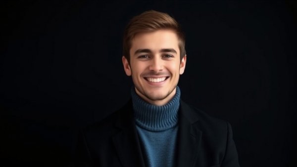 Confident young man in black blazer and blue turtleneck smiling.