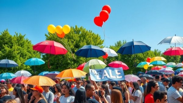 Community gathering with umbrellas and balloons for GBV awareness.