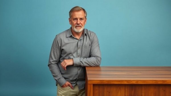 Middle-aged man expressing distrust in a studio setting.