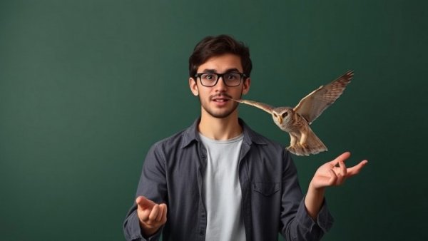 Young adult explaining how owls see in total darkness, educational setting.