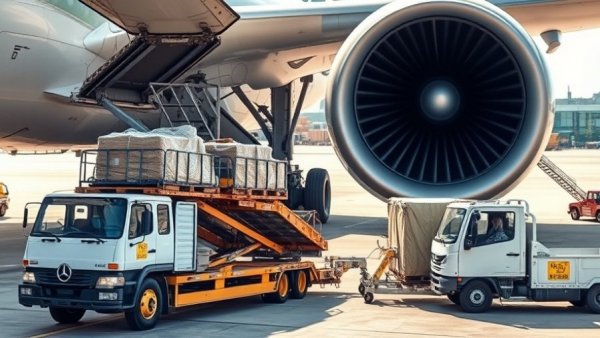 Airport cargo operations with logistics equipment near an airplane engine, Air Cargo ONE Record adoption.