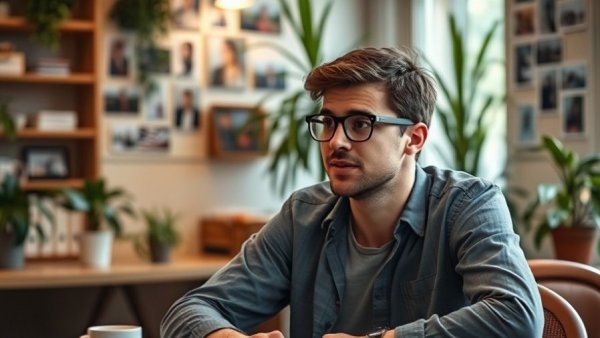 Young man visualizing goals and productivity in a cozy setting.