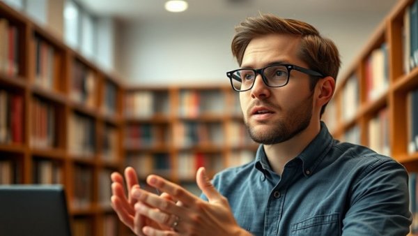 Young man on podcast discussing latest Gmail hack in library setting.