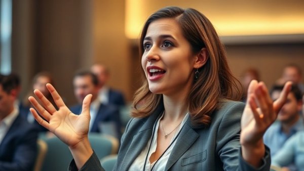 Enthusiastic woman gesturing during presentation, healthcare technology context.