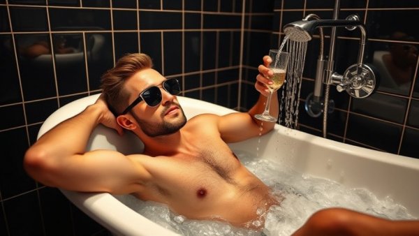 Vienna nightlife culture scene with a stylish man in a bathtub.