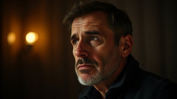 Contemplative middle-aged man in dim lighting, reflecting on global conflict.