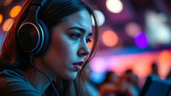 Unreal Fellowship African gaming storytelling, woman wearing headphones with vibrant background.