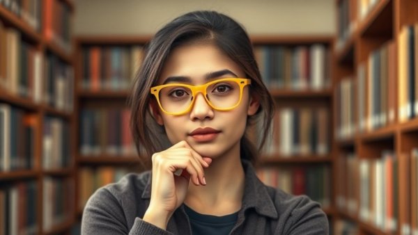 Young woman in yellow glasses, thoughtful in a library setting, teaching generation that questions everything.