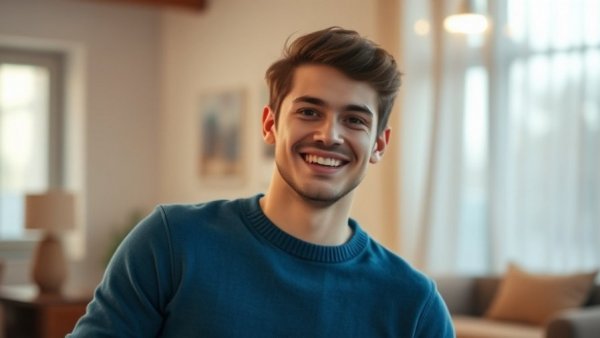 Smiling young man in blue sweater in warmly lit room, AI and human insight in research.