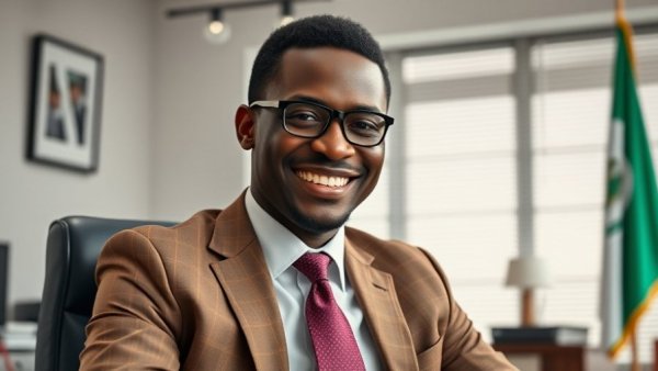Smiling man in office with Nigerian flag in background.