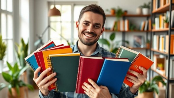 Man with journals in home office, demonstrating productivity tips.