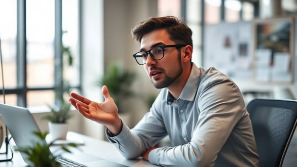 Young man discussing business rules learned in school, modern office.