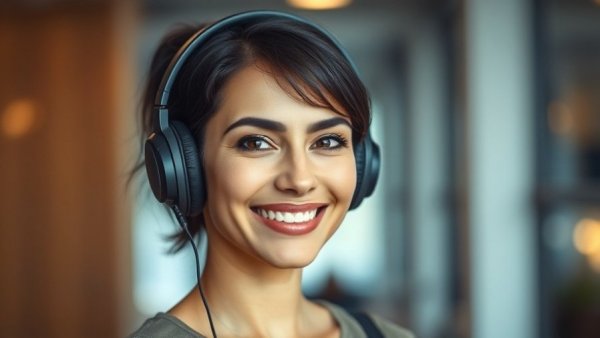 Confident woman in headphones, engaging and smiling, discussing AI model launches.