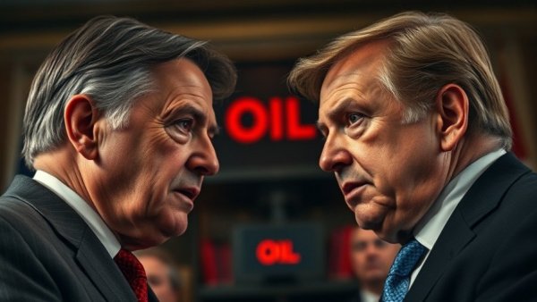 Dramatic depiction of US-Venezuela tensions between key political figures, focusing on oil and politics.