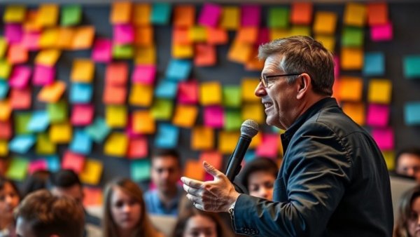 Confident speaker discussing 'Addiction to Appreciation', vibrant background.