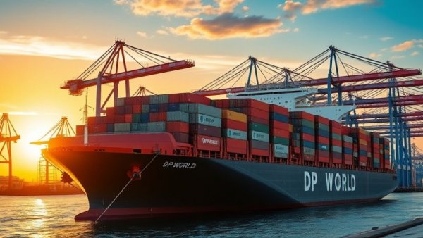 DP World cargo ship at port, logistics integration at sunset.