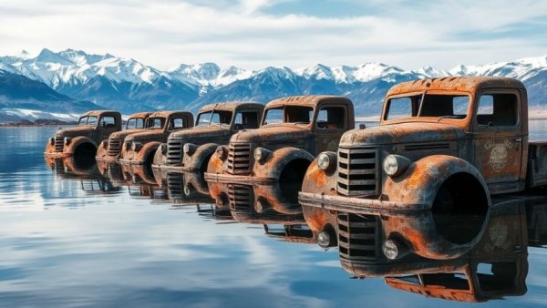 Abandoned vehicles in water reflecting environmental awareness.